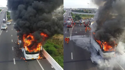 ไฟไหม้วอดรถปรับอากาศ! ผู้โดยสารหนีตายวุ่น ทางยกระดับเข้าสุวรรณภูมิ