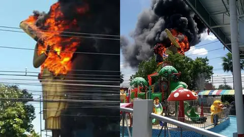 ไฟไหม้วอด 'หลวงปู่ทวด' ตลาดน้ำทุ่งบัวชมฯ ซ่อมวันแรก ช่างจุดธูปไหว้ 