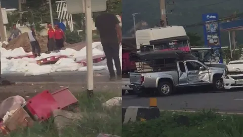 ชนกระจาย! คลิปรถบรรทุกน้ำตาลเบรกแตก ชน 12 คันรวดที่สระบุรี ดับ 1 เจ็บ 11