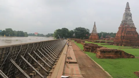 น้ำเจ้าพระยาเพิ่มสูง กรมศิลป์ระดมคนงาน ตั้งพนังกั้นน้ำ ป้องโบราณสถาน