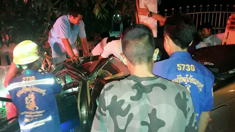 สุนัขวิ่งตัดหน้ารถ! เก๋งซิ่งเสียหลักชนเสาไฟฟ้าเมืองคอน ดับ 2 สาหัส 1