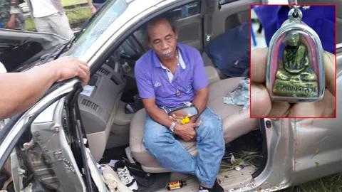  ปิกอัพฝ่าที่กั้น รถไฟชนกระเด็น! เชื่อแขวนพระรุ่นดัง ช่วยรอด (ชมคลิป) 