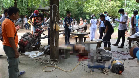 สลด ชาวนานั่งเติมลมรถไถ อัดมากเกินไปจนระเบิด กระทะล้อบินกระแทกดับ 