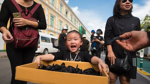 น่ารัก! 'น้องพีชชี่' จิตอาสา 2 ขวบแจกริบบิ้นดำ รอบพระบรมมหาราชวัง (ชมคลิป)