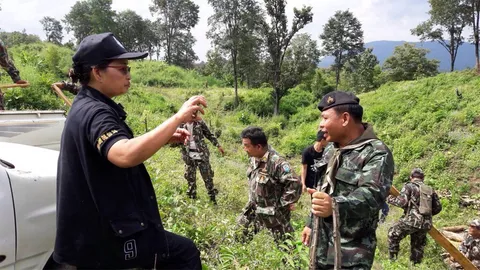 นายอำเภอหญิงเหล็กแม่ออน นำ จนท.ขึ้นเขา ไล่จับผู้ลักลอบตัดไม้สักทอง