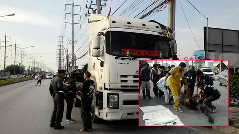 สลด! หนุ่มขี่จยย.รับจ้างถูกรถพ่วง 18 ล้อเฉี่ยวชนทับร่างดับอนาถ