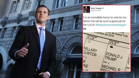 บุตรชาย 'โดนัลด์ ทรัมป์' โพสต์ภาพบัตรเลือกตั้งหลังลงคะแนนให้ พ่อ