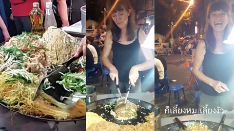 เริ่ดได้อีก! แหม่มอังกฤษยืนขายผัดไทย เว้าอีสานคล่อง บอกทำนา-เลี้ยงวัวอยู่มุกดาหาร