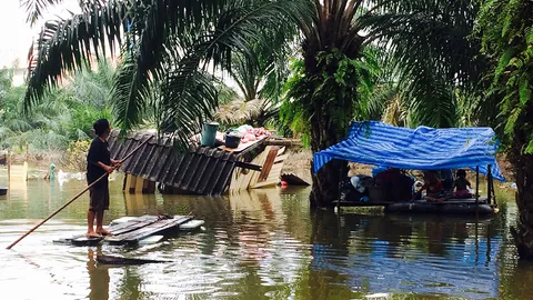 ย้ายแล้วค่ะ! คนพุนพินน้ำท่วม 2 เดือน บ้านทรุด ย้ายจากหลังคามาอยู่บนแพ