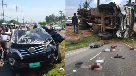 สิบล้อพุ่งข้ามเกาะกลางชนเก๋ง นทท.ฝรั่งเศส ตายพร้อมคนขับ 3 ศพ เจ็บ 3