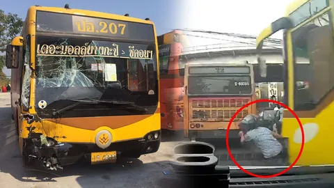 ปรับอ่วม! รถเมล์สาย 207 แยกบางกะปิ เบรกไม่อยู่ สาวซ้อน จยย.หวิดไปสวรรค์