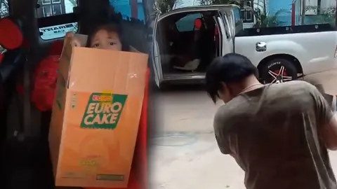 จำเป็นต้องเฮ็ด! พ่อจับลูกใส่กล่องนั่งกระบะแค็บ เห็นตำรวจให้ก้มหัว (ชมคลิป)