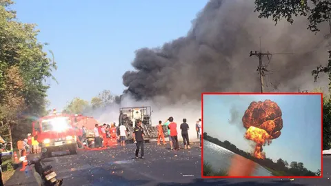 ลูกไฟยักษ์ท่วมฟ้า รถแก๊ส 8 ตันบึม สายรั่วขณะขนถ่าย 