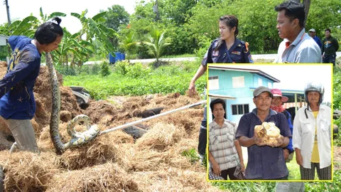 แม่งูเอ๋ย งวดนี้เลขไหนเด็ด! ผญบ.รื้อกองฟาง เจอเหลือมกกไข่ หวิดโดนกัด  