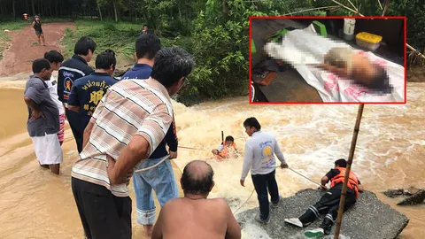3 พี่น้องขี่ จยย.ข้ามฝาย ถูกน้ำป่าซัด ช่วยไม่ทัน 3 ขวบจมดับ