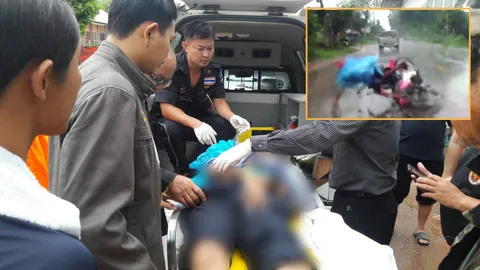 วินาทีชีวิต อุบัติเหตุกลางสายฝน นร.ช่างกลรถล้ม ปิกอัพทับคอหัก (คลิป)