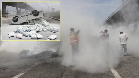 ดับวุ่น วีโก้ยางระเบิด หงายท้องกลางสะพานบางปะกง ไฟไหม้ใกล้ถังแอลพีจี