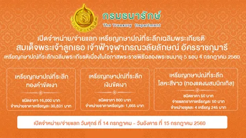 เปิดจองเหรียญ "เจ้าฟ้าจุฬาภรณ์"