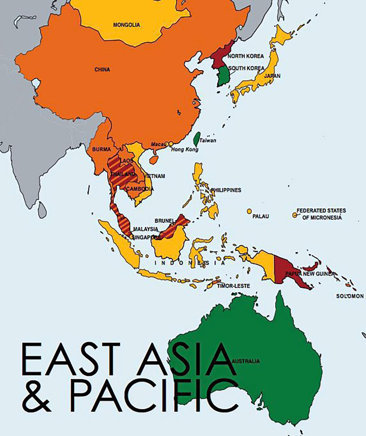 ใครบ้าง–แผนที่ปี 2557 ที่ไทยและมาเลเซียถูกปรับลดชั้นไปอยู่เทียร์ 3 ของรายงานค้ามนุษย์ ขณะที่จีน เมียนมา ลาว กัมพูชา อยู่ระดับเทียร์ 2 จับตา ส่วนเวียดนาม อินโดนีเซีย ฟิลิปปินส์และญี่ปุ่นอยู่เทียร์ 2.