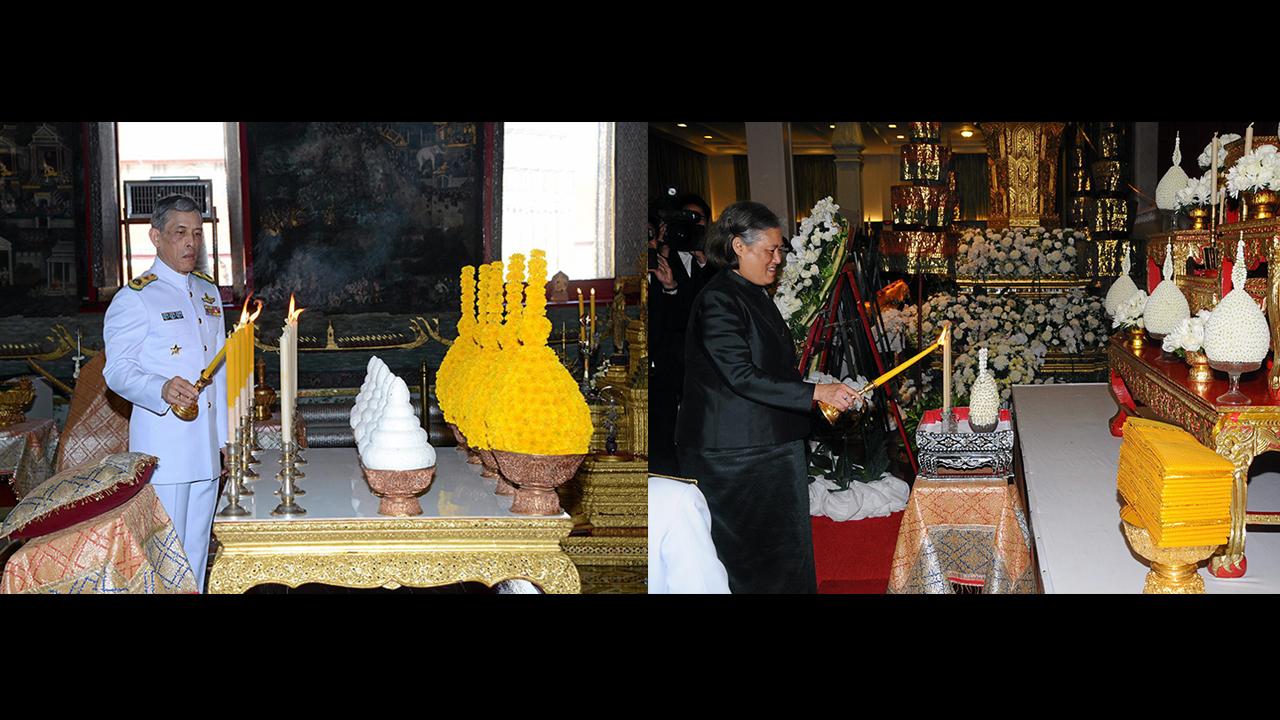 (ภาพซ้าย) สมเด็จพระบรมโอรสาธิราชฯ สยามมกุฎราชกุมาร เสด็จฯแทนพระองค์ไปทรงประเคน พัดยศ ตั้งพระภิกษุและสามเณรเปรียญ ณ วัดพระศรีรัตนศาสดาราม เมื่อวันที่ 31 พฤษภาคม. (ภาพขวา) สมเด็จพระเทพรัตนราชสุดาฯ สยามบรมราชกุมารี เสด็จพระราชดำเนินไปในการสวดพระอภิธรรมศพ ท่านผู้หญิงดัชรีรัช รัชนี ณ วัดเทพศิรินทราวาส เมื่อวันที่ 31 พฤษภาคม.
