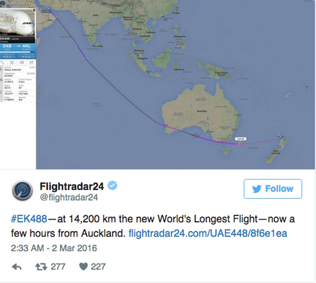 ทวิตเตอร์ของ Flightradar24 แสดงเส้นทางบินระยะทาง 14,200 กม.ดูไบ-โอ๊คแลนด์