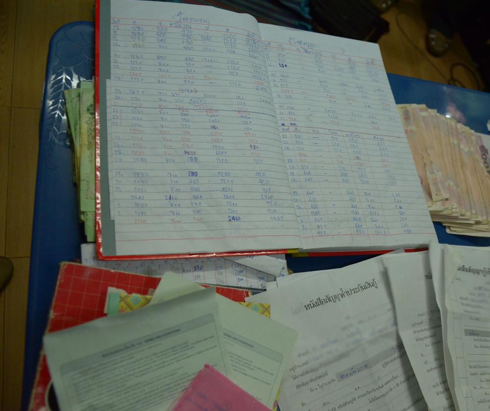 เอกสารสมุดบัญชี และสัญญาเงินกู้ที่เจ้าหน้าที่ยึดเป็นหลักฐาน