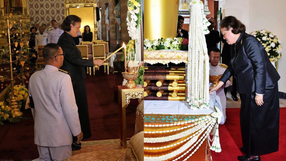 (ซ้าย)สมเด็จพระเทพรัตนราชสุดาฯ สยามบรมราชกุมารี เสด็จฯไปทรงบำเพ็ญพระราชกุศลถวายภัตตาหารเช้าแด่พระภิกษุสงฆ์ ในการพระพิธีธรรมสวดพระอภิธรรมพระบรมศพ พระบาทสมเด็จพระปรมินทรมหาภูมิพลอดุลยเดช ณ พระที่นั่งดุสิตมหาปราสาท เมื่อวันที่ 30 ตุลาคม.(ขวา)สมเด็จพระเทพรัตนราชสุดาฯ สยามบรมราชกุมารี เสด็จพระราชดำเนินไปในการพระราชทานเพลิงศพ เถลิง เหล่าจินดา คหบดีเมืองอ่างทอง ณ เมรุหลวงหน้าพลับพลาอิศริยาภรณ์ วัดเทพศิรินทราวาสราชวรวิหาร ป้อมปราบศัตรูพ่าย ถนนกรุงเกษม เมื่อวันที่ 30 ตุลาคม.
