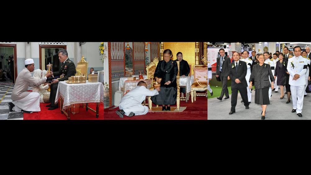 (ซ้าย)สมเด็จพระบรมโอรสาธิราชฯ สยามมกุฎราชกุมาร เสด็จพระราชดำเนินไปทรงเป็นองค์ประธานในการ พระราชทานถ้วยรางวัลการทดสอบการอัญเชิญพระมหาคัมภีร์อัลกุรอานระดับประเทศ ณ มัสยิดกลางจังหวัดปัตตานี อำเภอเมืองปัตตานี จังหวัดปัตตานี เมื่อวันที่ 14 พฤศจิกายน.(กลาง)สมเด็จพระเทพรัตนราชสุดาฯ สยามบรมราชกุมารี เสด็จฯ ไปทรงบำเพ็ญพระราชกุศลถวายภัตตาหารเช้าแด่พระภิกษุสงฆ์ ในการพระพิธีธรรมสวดพระอภิธรรมพระบรมศพ พระบาทสมเด็จ พระปรมินทรมหาภูมิพลอดุลยเดช ณ พระที่นั่งดุสิตมหาปราสาท เมื่อวันที่ 14 พฤศจิกายน.(ขวา)สมเด็จพระเทพรัตนราชสุดาฯ สยามบรมราชกุมารี เสด็จฯ ไปทรงเปิดงาน “ITU Telecom World 2016” ในการนี้ พล.อ.ประยุทธ์ จันทร์โอชา นายกรัฐมนตรี เฝ้ารับเสด็จ ณ ห้องรอยัล จูบิลี่ บอลรูม อาคารชาเลนเจอร์ อิมแพ็ค เมืองทองธานี เมื่อวันที่ 14 พฤศจิกายน.
