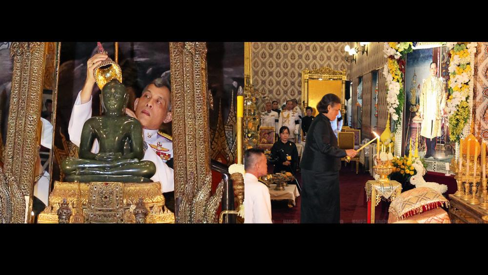 (ซ้าย)สมเด็จพระบรมโอรสาธิราชฯ สยามมกุฎราชกุมาร เสด็จพระราชดำเนินไปในการทรงเปลี่ยนเครื่องทรงฤดูฝน พระพุทธมหามณีรัตนปฏิมากร เพื่อทรงเครื่องสำหรับฤดูหนาว ณ พระอุโบสถ วัดพระศรีรัตนศาสดาราม ในพระบรมมหาราชวัง เมื่อวันที่ 15 พฤศจิกายน.(ขวา)สมเด็จพระเทพรัตนราชสุดาฯ สยามบรมราชกุมารี เสด็จฯไปทรงบำเพ็ญพระราชกุศลถวายภัตตาหารเช้าแด่พระภิกษุสงฆ์ ในการพระพิธีธรรมสวดพระอภิธรรมพระบรมศพ พระบาทสมเด็จ พระปรมินทรมหาภูมิพลอดุลยเดช ณ พระที่นั่งดุสิตมหาปราสาท เมื่อวันที่ 15 พฤศจิกายน.