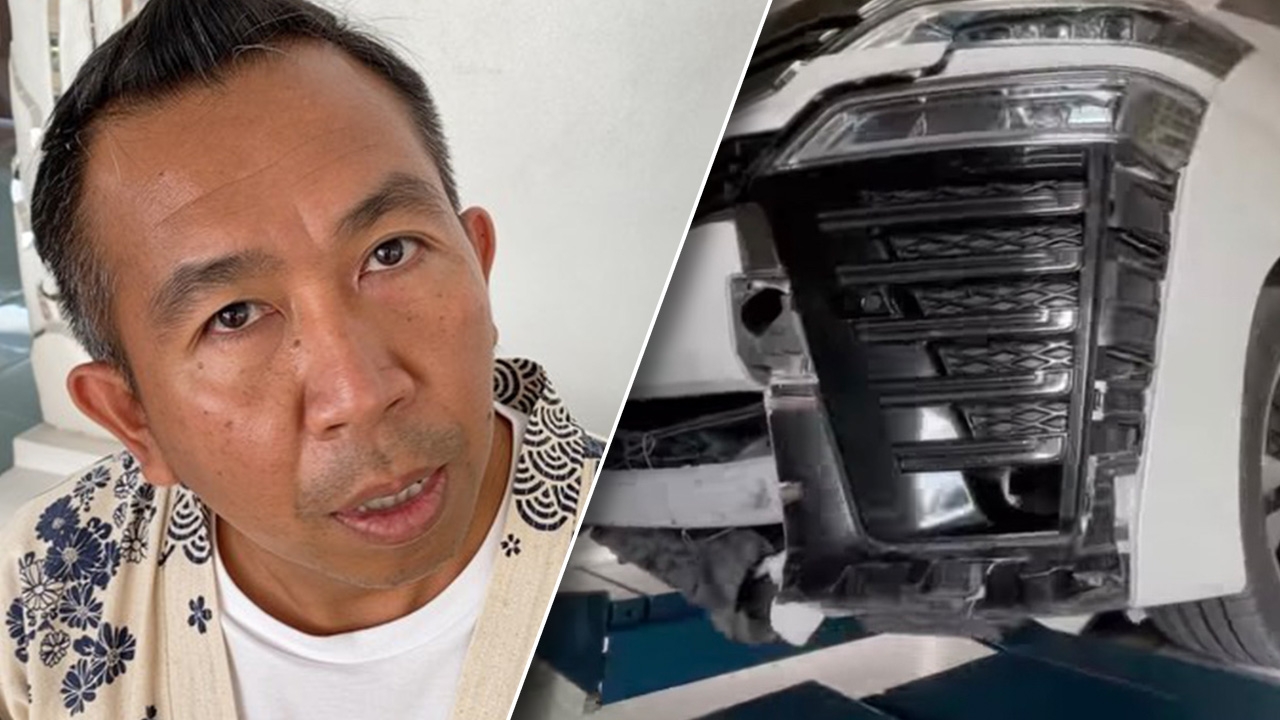 เสนาลิง หวิดรถคว่ำ เหตุเจอล้อรถบรรทุกกลิ้งมาชน รถพังเสียหาย