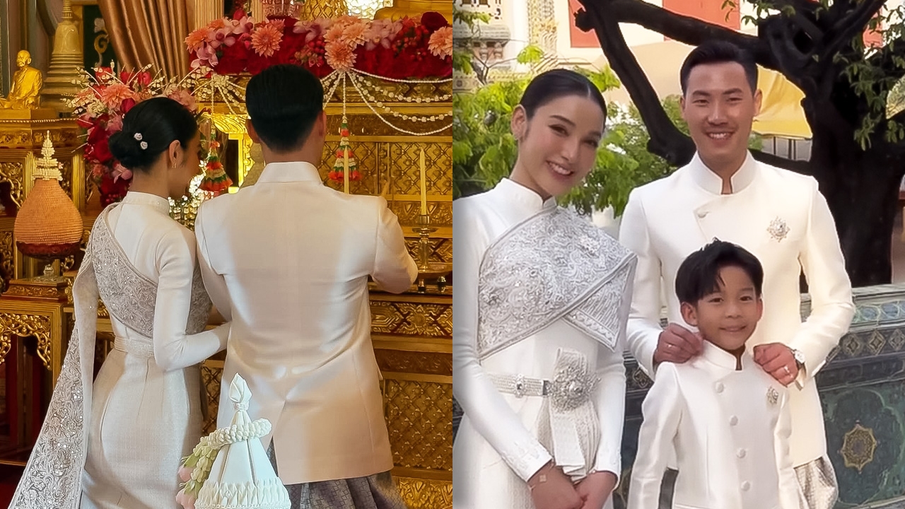 ชมภาพ แพท ณปภา-พี ชานนท์ สวยหล่อในชุดไทยเข้าพิธีแต่งงานแบบเรียบง่ายที่วัด