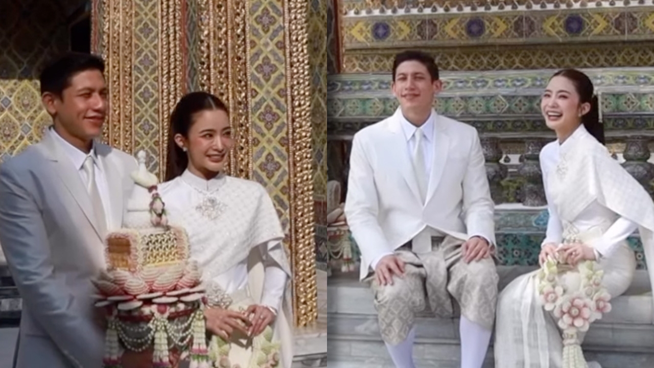 มายด์ ลภัสลัล ควง พาย สุนิษฐ์ สวมชุดไทยสุดสง่างามเข้าพิธีมงคลแรกของชีวิต