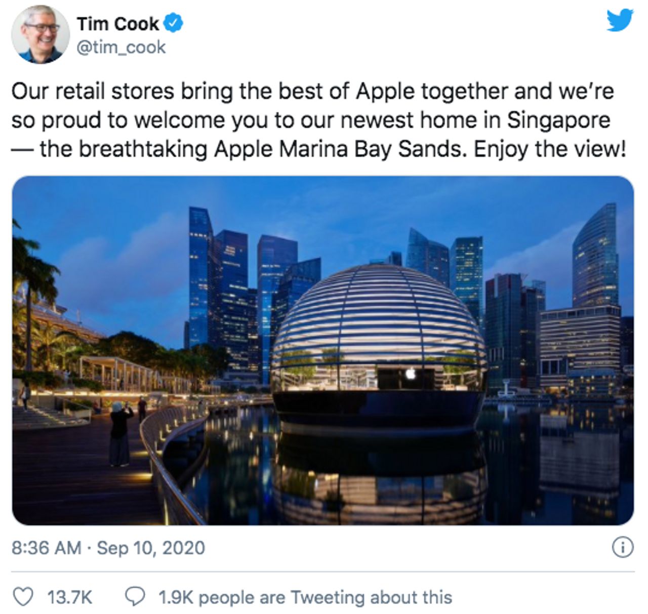 ทิม คุก ทวีตต้อนรับการเปิดสาขาใหม่ในสิงคโปร์