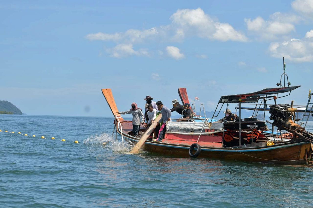 เจ้าหน้าที่เขตห้ามล่าสัตว์ป่าหมู่เกาะลิบง ภาคีเครือข่ายประมงพื้นบ้าน และชาวบ้านเกาะลิบง ร่วมกันวางทุ่นไข่ปลาระยะทาง 1 กม. บริเวณแหลมจุโหย.