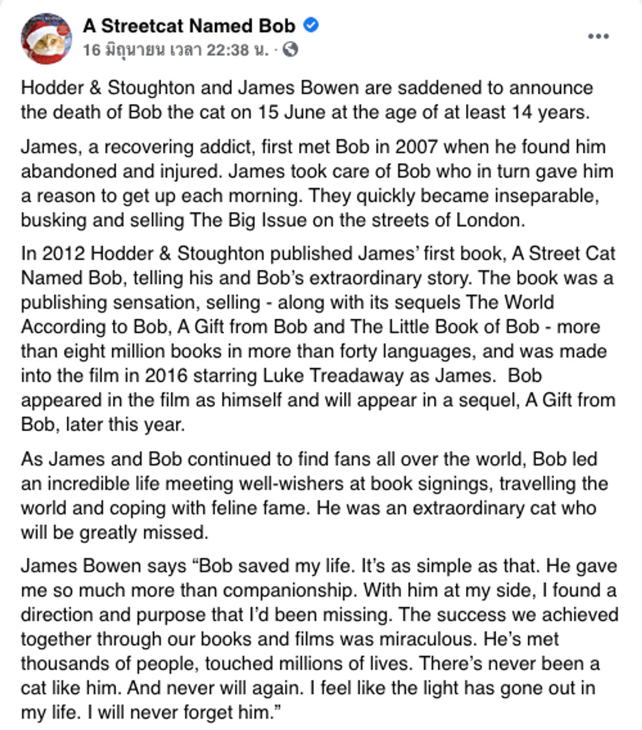 ที่มาภาพ จากเพจเฟซบุ๊กหนังสือ A Street Cat Named Bob https://www.facebook.com/StreetCatBob/