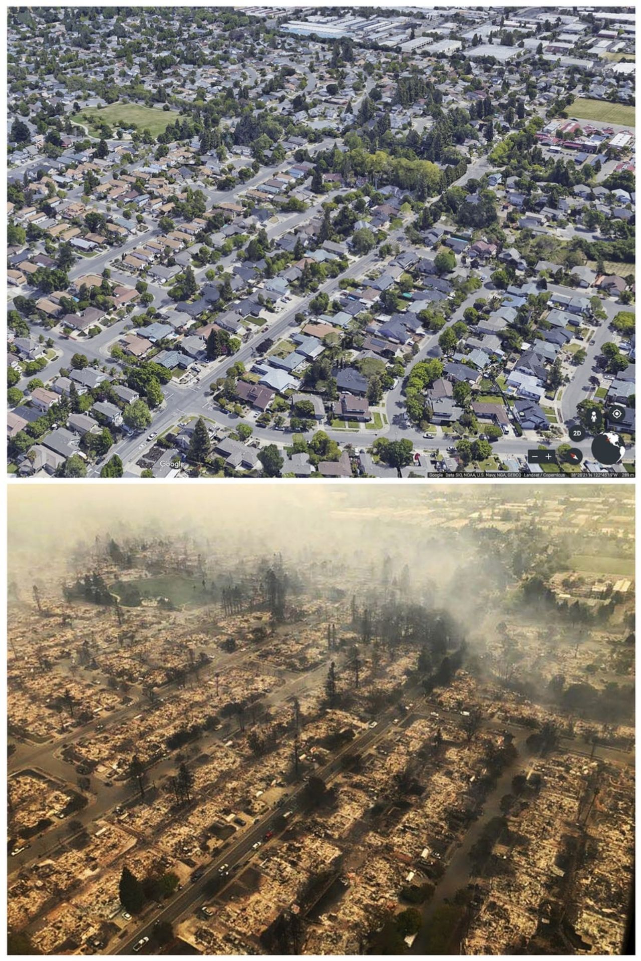 ภาพชุมชนแห่งหนึ่งในเมืองซานตา โรซา ก่อนและหลังถูกไฟป่าเล่นงาน