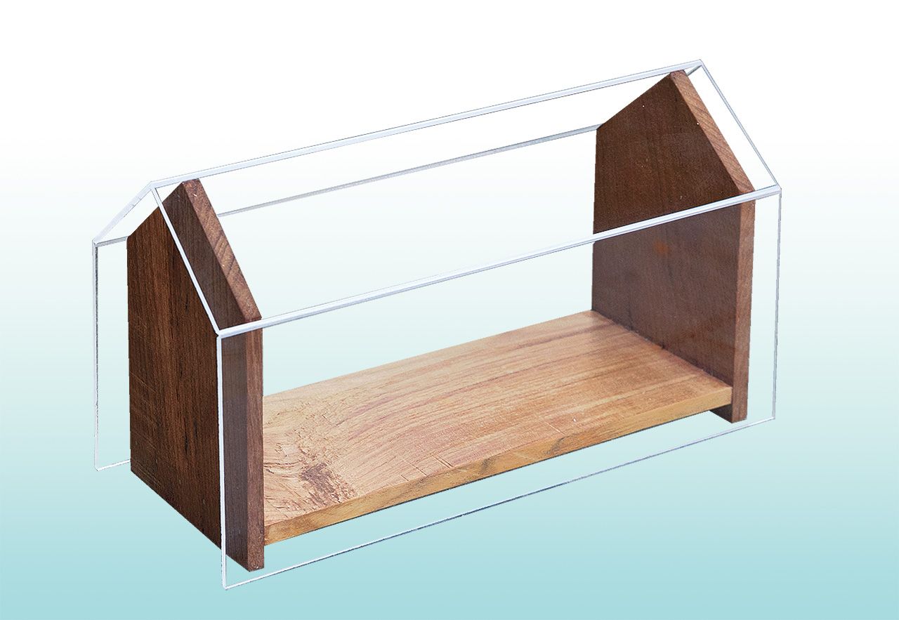 มินิกรีนเฮ้าส์ฐานไม้สัก ครอบด้วยอะคริลิกใส หนา 4 มิลลิเมตร ขนาด 10 × 30 × 18 เซนติเมตร ราคา 590 บาท จากลูกแก้ว 