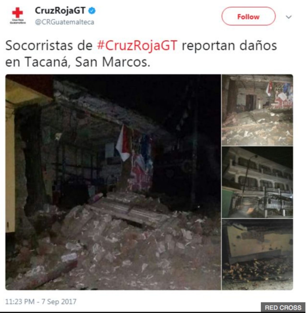 สภากาชาดของกัวเตมาลาเผยแพร่ภาพความเสียหายจากเหตุแผ่นดินไหว ในเมืองทาคานา ใกล้ชายแดนเม็กซิโก