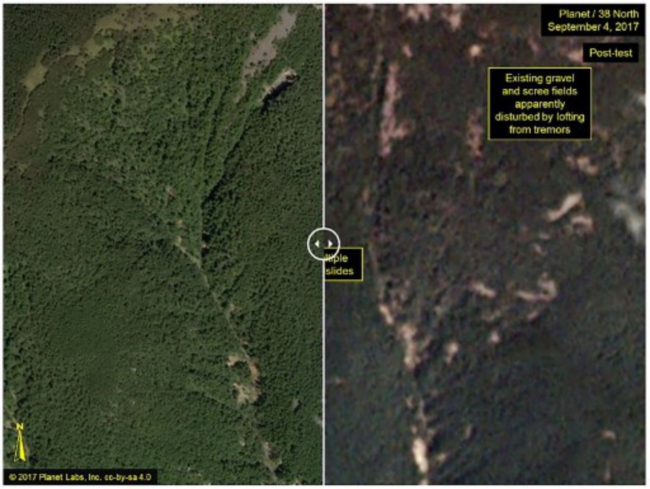 ภาพถ่ายจากดาวเทียมที่แสดงให้เห็นร่องรอยการถล่มของภูเขาที่ตั้งฐานทดลองนิวเคลียร์ใต้ดินในเมือง ปุงกเย-รี