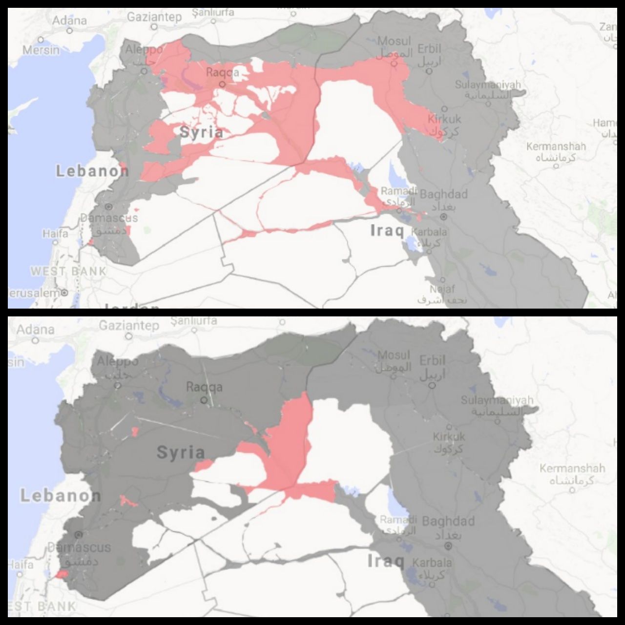 เปรียบเทียบขนาดดินแดนของกลุ่มไอซิสในปี 2559 กับ 2560 (ภาพจาก CNN)