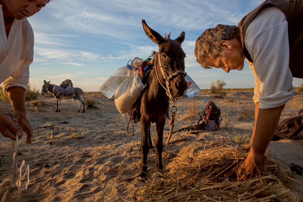 พอล ซาโลเพก เดินท่องโลกเป็นระยะทาง 34,000 กิโลเมตร เพื่อย้อนรอยเส้นทางอพยพของมนุษย์จากแอฟริกาตะวันออกสู่ปาตาโกเนียในทวีปอเมริกาใต้ ในภาพเขากำลังป้อนหญ้าให้ ‘เม้าส์’ ลาของเขาหลังผ่านการเดินอย่างเหนื่อยอ่อนฝ่าทะเลทรายคีซิลคุมในอุซเบกิสถาน