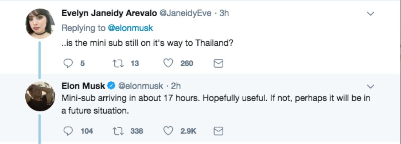 ข้อความของอีลอน มัสก์ ที่ระบุว่า มินิซับกำลังเดินทางไปประเทศไทย