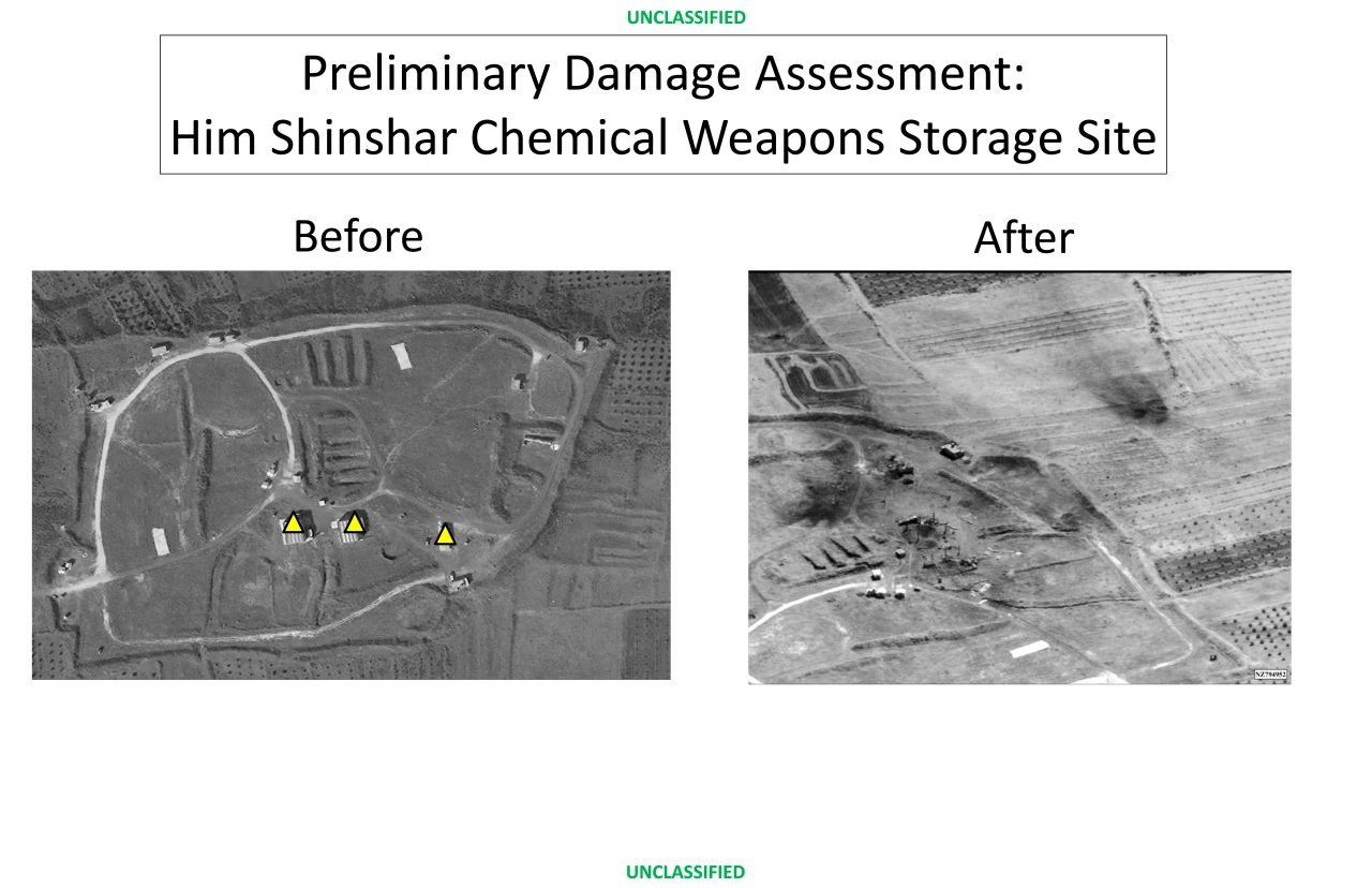 ภาพก่อนและหลัง โรงเก็บอาวุธเคมี ฮิม ชินชาร์ (Shinshar) ใกล้เมืองฮอมส์ หลังโดนถล่ม