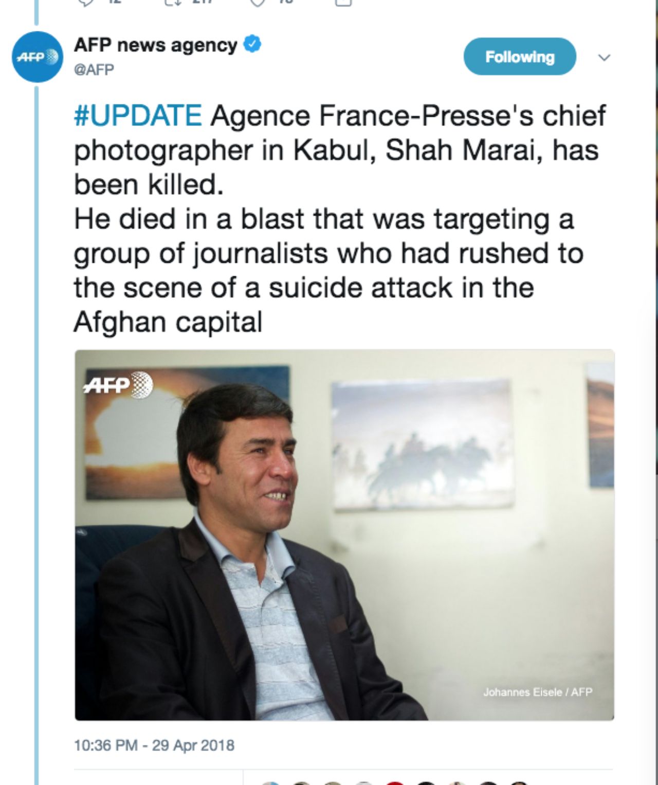 สำนักข่าว AFP  ทวีตข้อความแจ้งข่าวร้าย หัวหน้าช่างภาพของAFP  เป็นหนึ่งในผู้เสียชีวิตจากเหตุระเบิดด้วย
