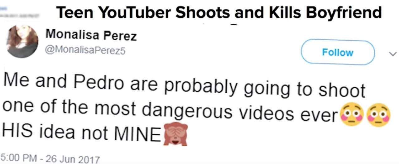 (โมนิลา เปเรซ แจ้งข่าวทางทวิตเตอร์ บอกจะไลฟ์สดลงยูทูบ การยิงปืนที่เสี่ยงอันตรายที่สุดครั้งหนึ่งเท่าที่เคยมีมา ซึ่งเป็นความคิดของแฟนหนุ่ม ไม่ใช่เธอ )