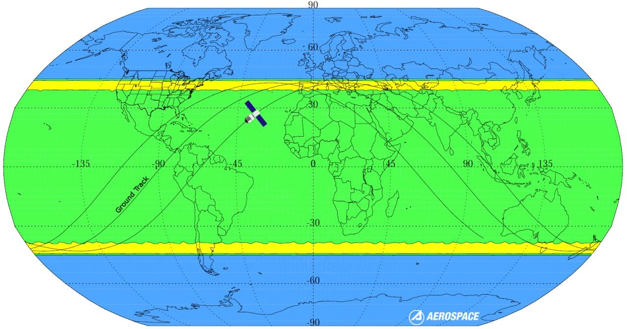 แผนที่คาดการณ์จุดตกของเทียนกง 1 (ภาพจาก Aerospace)