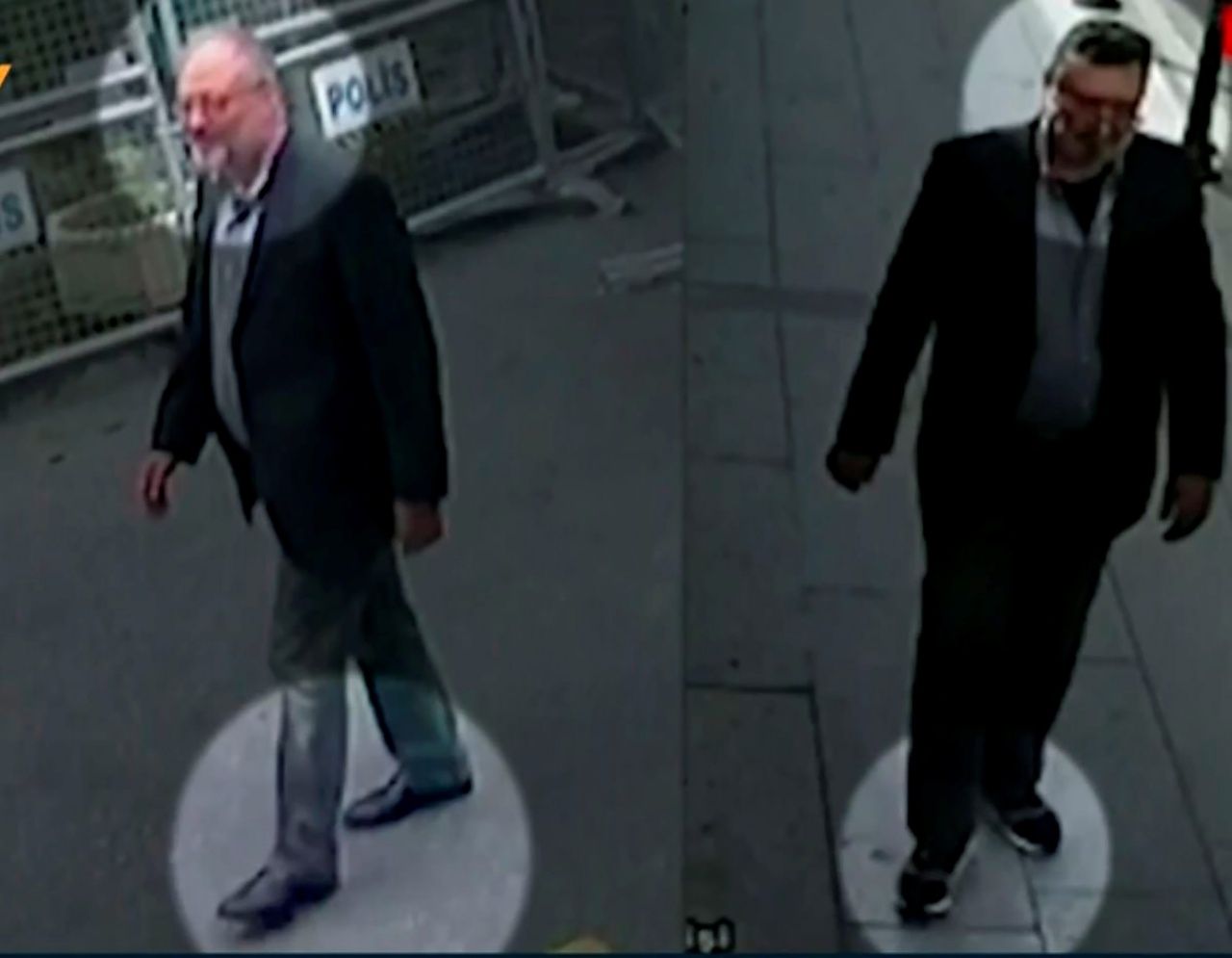 ภาพจากกล้องวงจรปิดที่สื่อตุรกีอ้างว่า เป็นหลักฐานว่ามีการใช้เจ้าหน้าที่ปลอมตัวเป็นนายคาชอกกีเดินออกจากสถานกงสุล