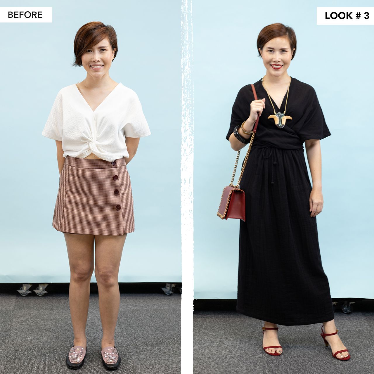 แต่งตัวให้ดูสูง ให้ใส่เสื้อผ้าสีเดียวกันทั้งตัว เช่น เดรสหรือจัมพ์สูทcredit : เดรสผ้าฝ้ายสีดำและสร้อยคอ จาก MilkandHoney , กระเป๋า และ รองเท้าจาก Charles&Keith