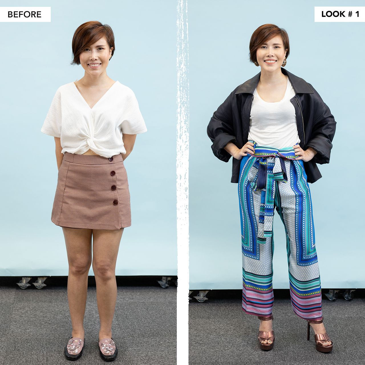 กางเกงเอวสูง ช่วยให้ช่วยขาดูยาวขึ้น ลายพิมพ์ช่วยอำพรางสะโพกCredit : เสื้อแจ็คเก็ตหนัง จาก COS , เสื้อยืดสีขาว และ กางเกงเลพิมพ์ลาย จาก Again&Again , รองเท้าส้นสูงจาก Charles&Keith