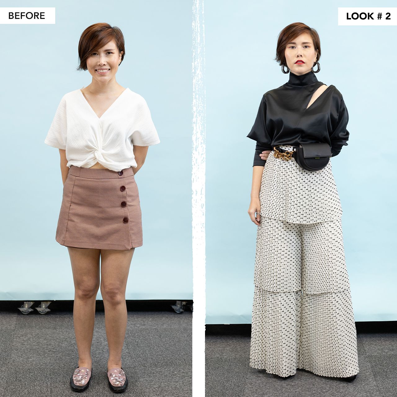 ดูเพรียวขึ้นด้วยการใส่เสื้อปาดไหล่ เข็มขัดกระเป๋าทำให้ดูมีเอว Credit : เสื้อปาดไล่และกางเกงอัดพลีท จาก Again&Again , กระเป๋าคาดเอว และรองเท้าส้นสูง จาก Charles&Keith